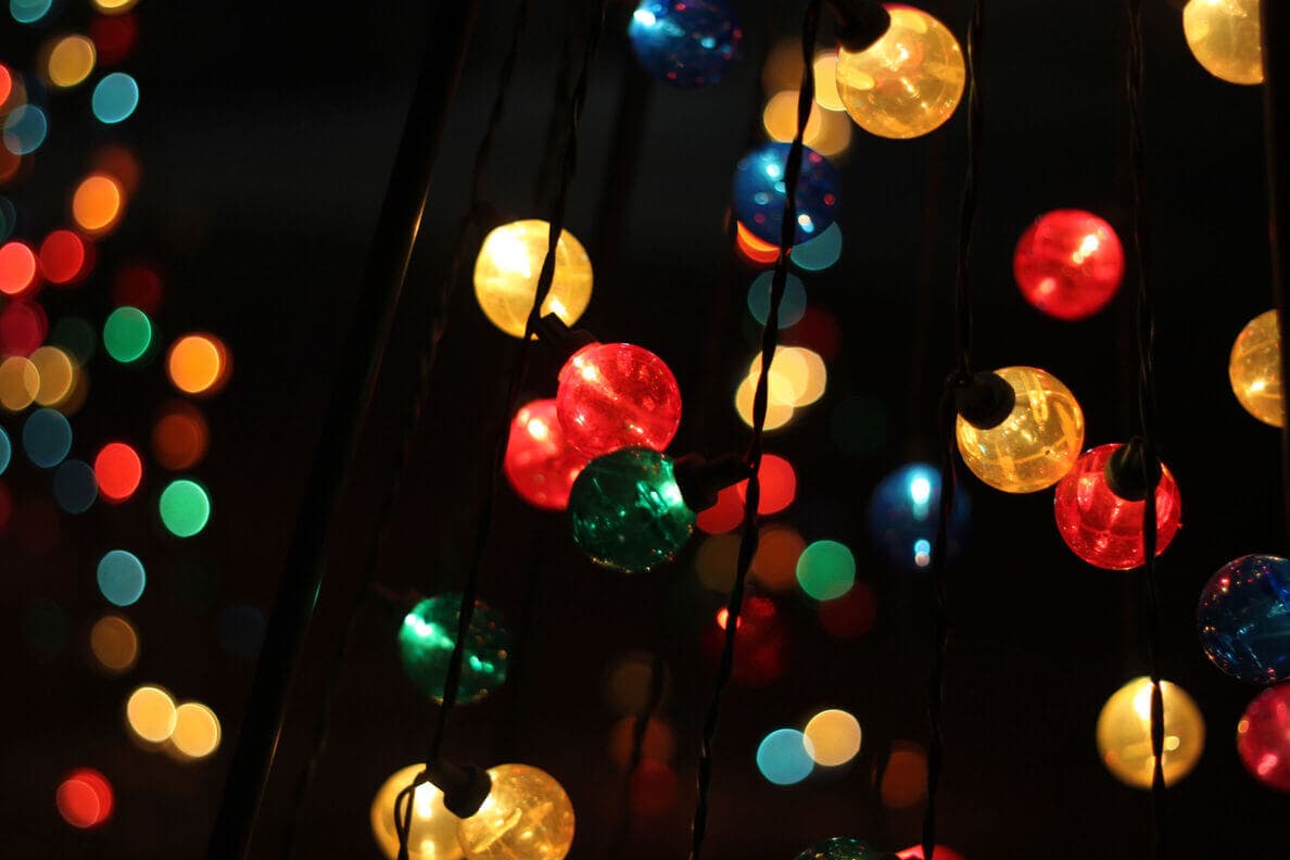 Close view of red, green and gold holiday lights